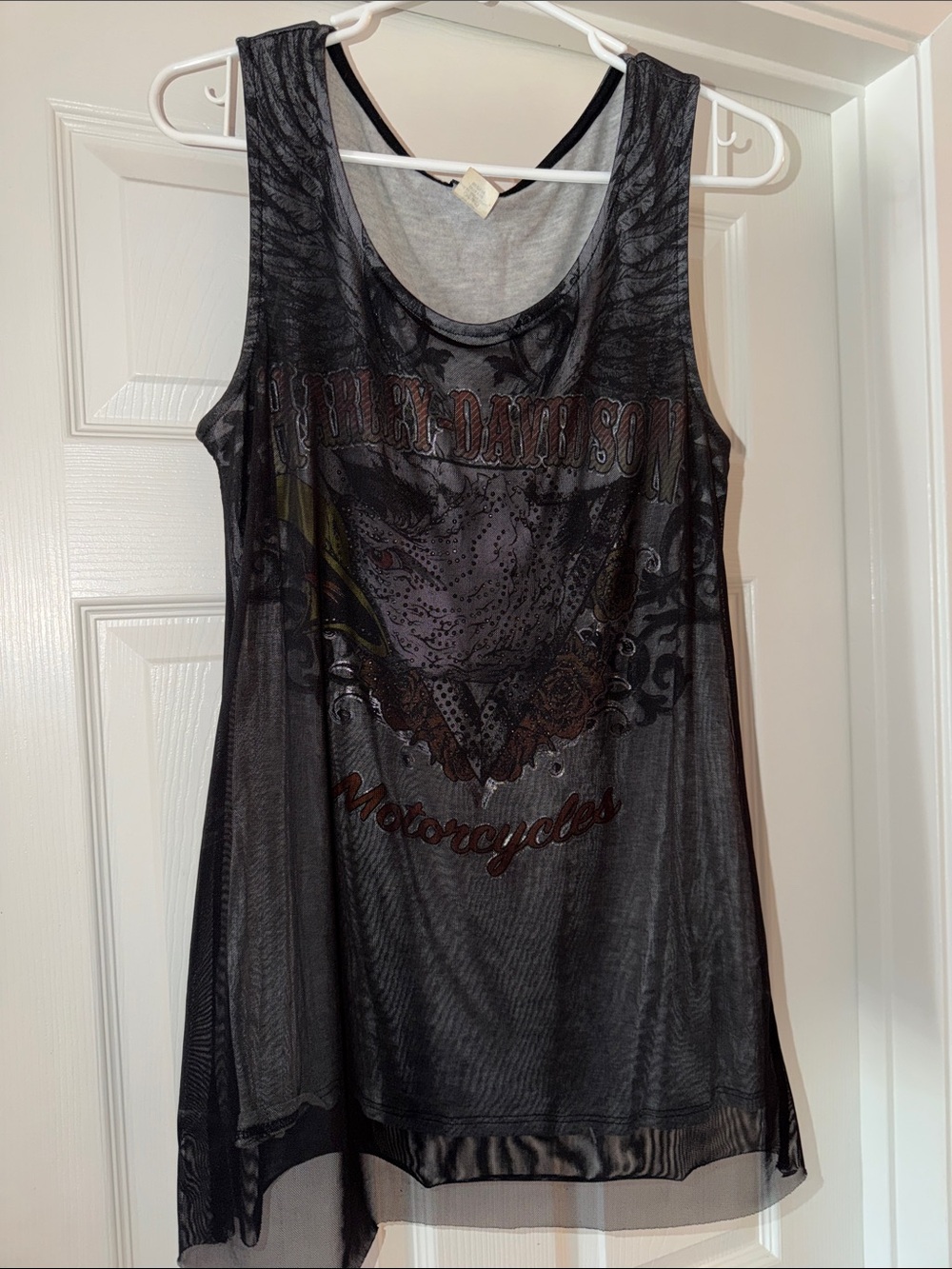 Harley-Davidson Black Mesh Tank Top with Bedazzled Graphic. Size Medium